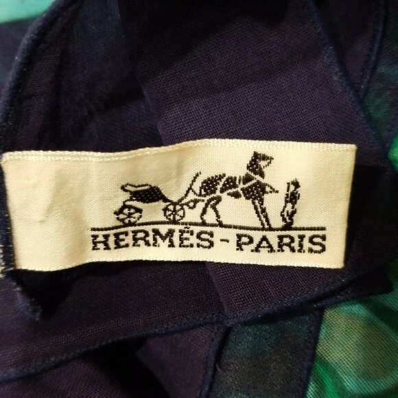 Auth HERMES Green Dark Navy Multi Cotton Scarf - Picture 6 of 7